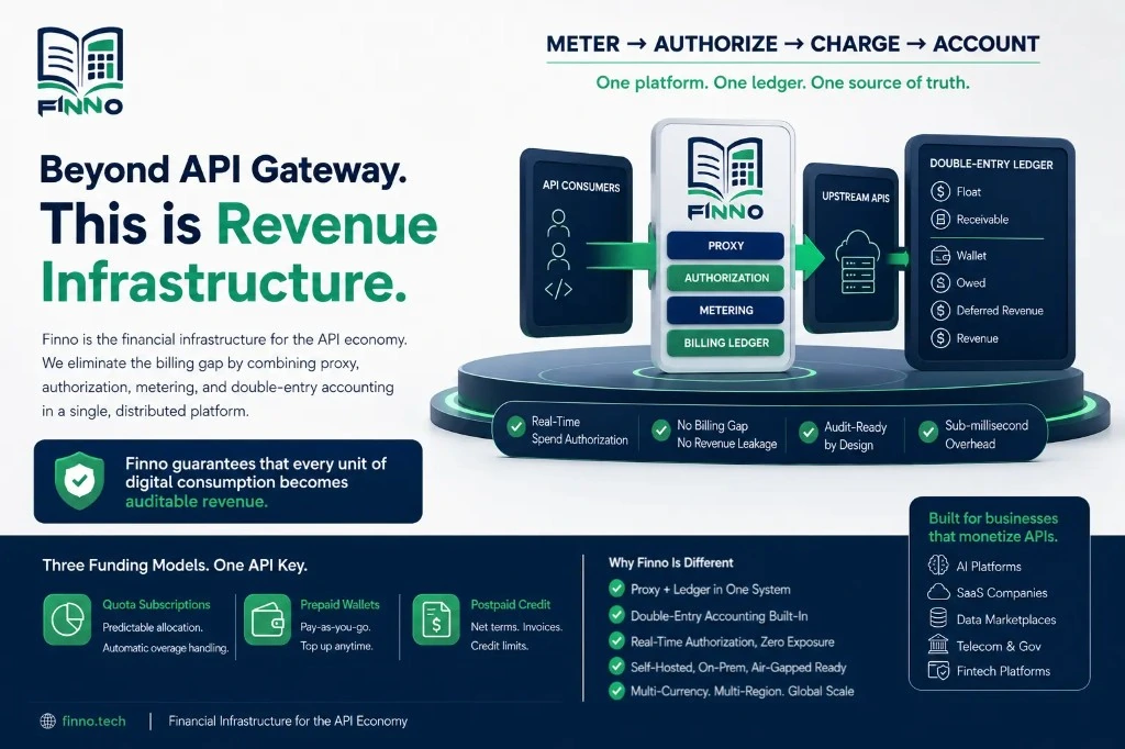 Finno infographic: Beyond API Gateway — this is revenue infrastructure. Proxy, authorization, metering, and double-entry billing ledger in one platform. Meter, authorize, charge, account.