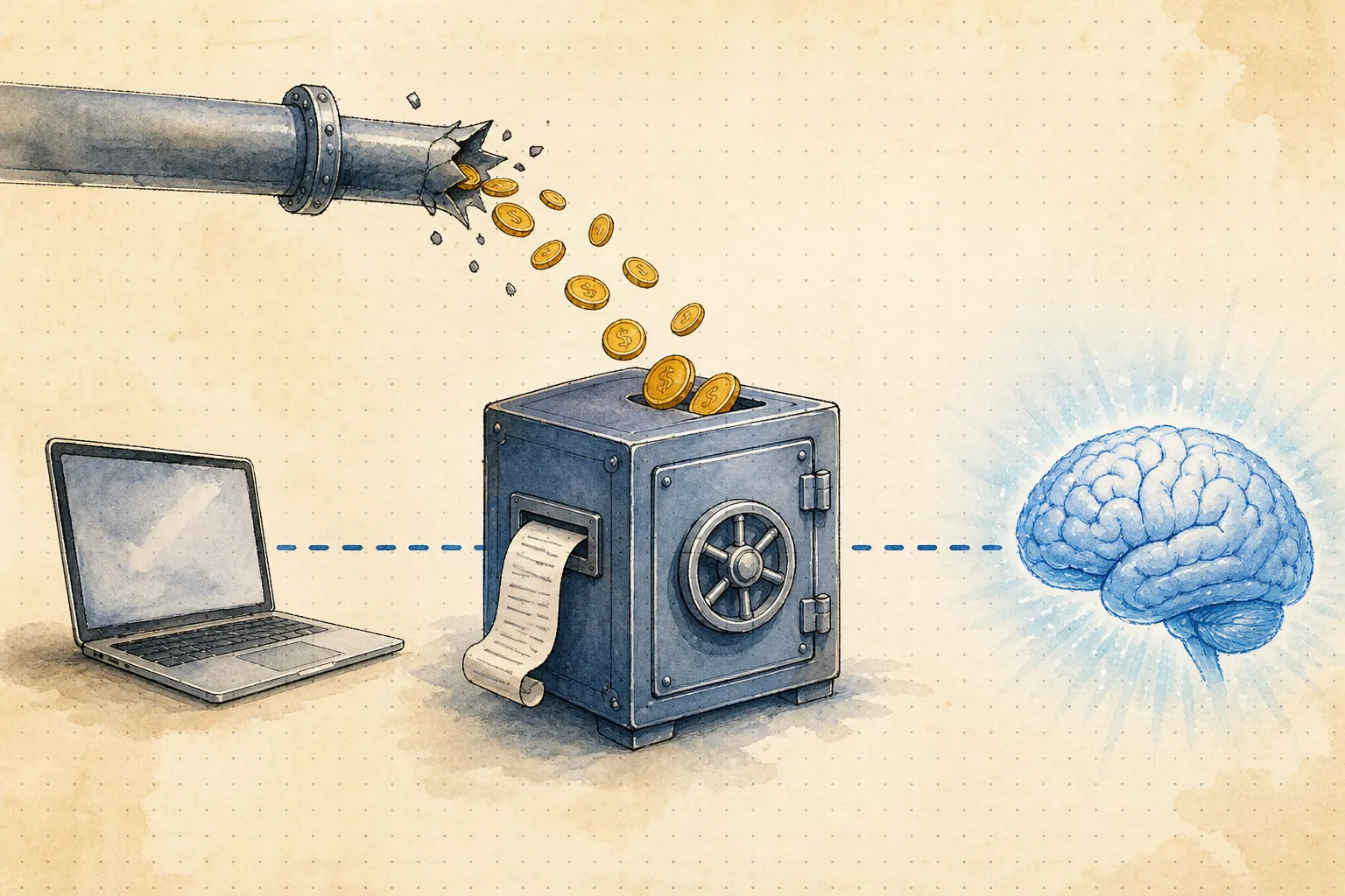 Finno Proxy vault sitting between a user and upstream AI — catching revenue that would otherwise leak from the request path.