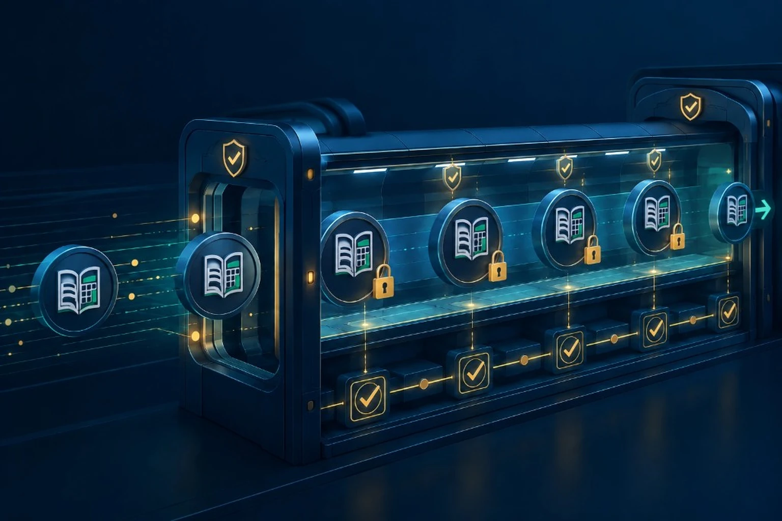 Secured transaction tokens moving through a verified ledger pipeline — each request locked, checked, and recorded before exit.