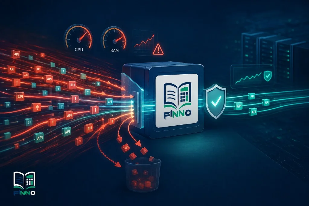 Finno Survival Mode: high-pressure API traffic arrives from the left, lower-priority requests are shed, and valuable traffic continues through the gateway.